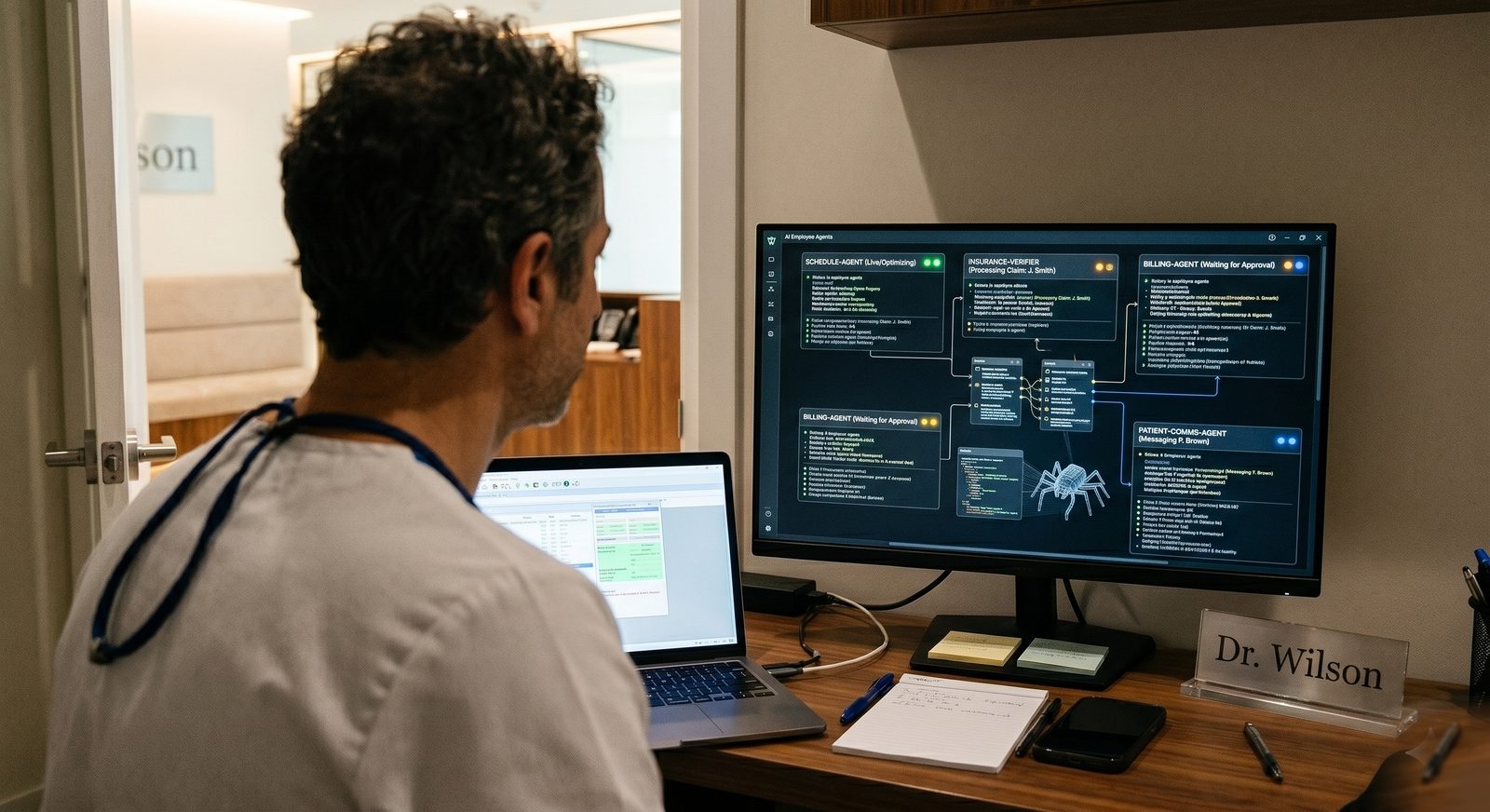 Dental practice owner at their desk reviewing the Nova Buzz AI Employee Agents dashboard alongside their existing PMS.
