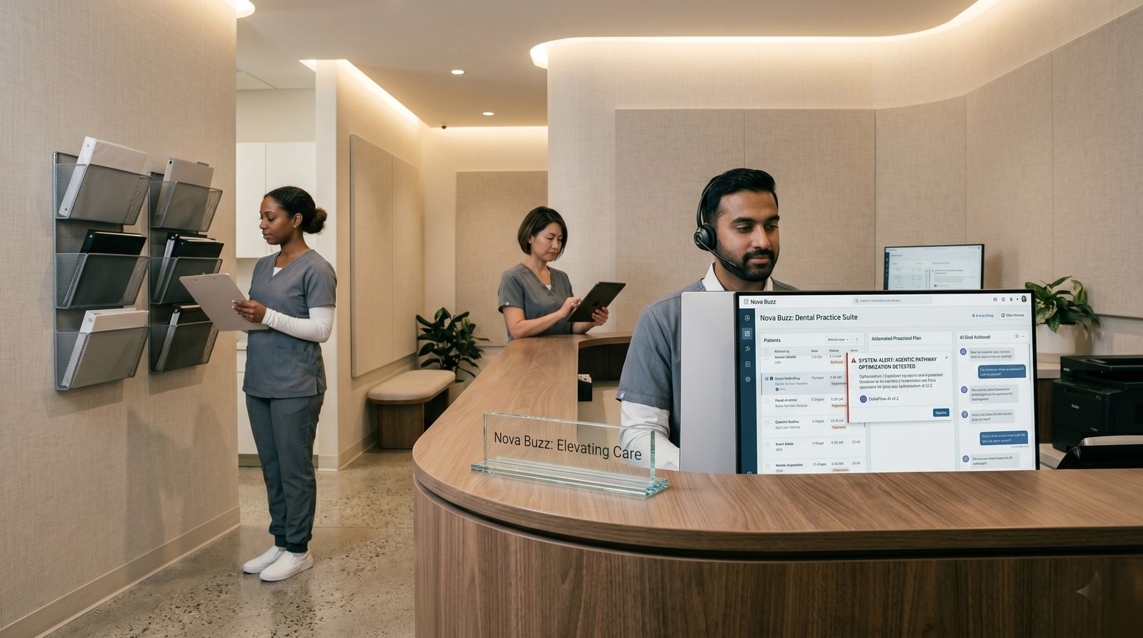 Reception desk at a Nova Buzz clinic. A coordinator on a headset works with the Dental Practice Suite dashboard while two staff handle patient intake.